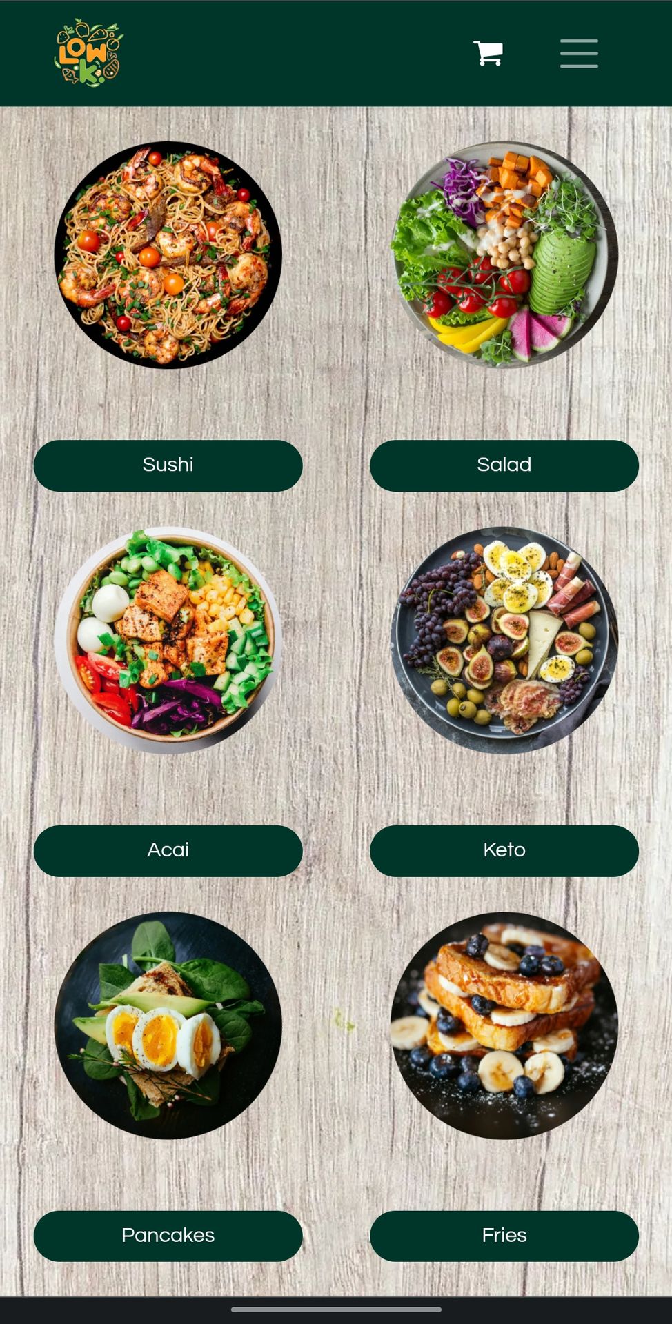 E-commerce website menu page E-commerce website LowK menu items page